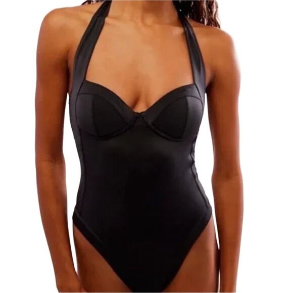 FREE PEOPLE x HAH One Pcs Swimsuit Sz S Black Fairy Resort Y2K Coquette Goth NWT - Picture 1 of 13